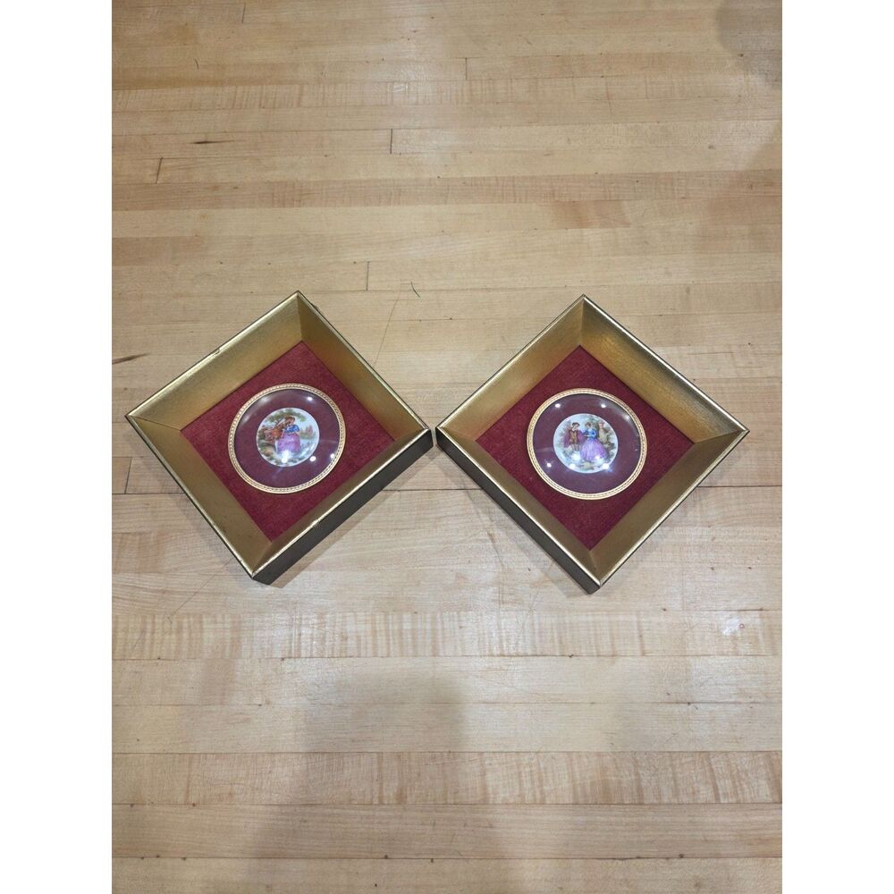 Vintage Fragonard Limoges Style Cameo Shadowbox Framed Art Pair Reliable Gold